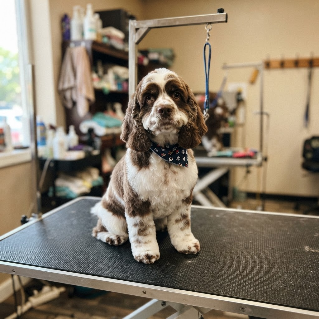 Freshly groomed brown and white cocker spaniel on a grooming table