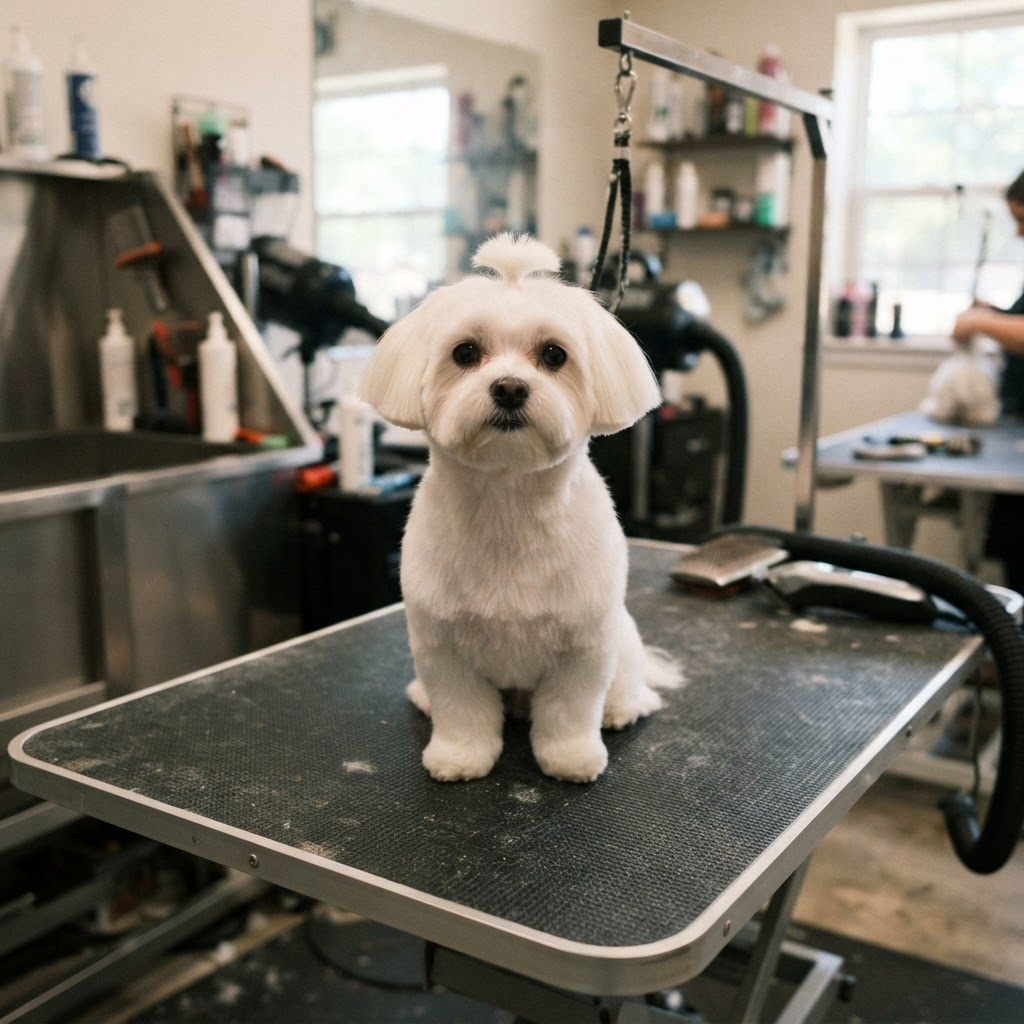 Small white dog with a tidy haircut and bandana